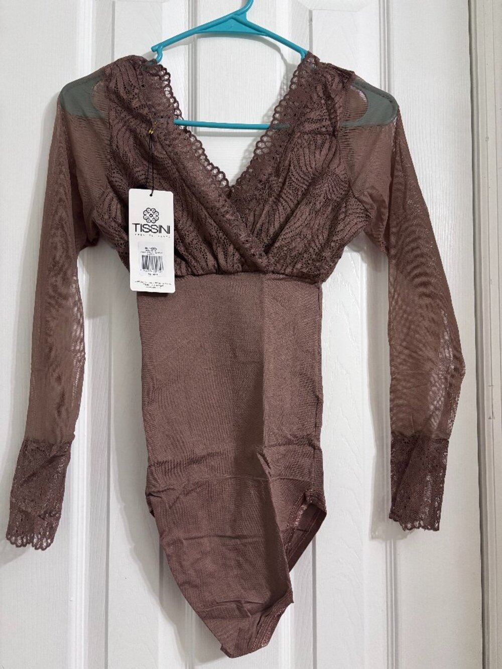 Bodysuit-New Tissini Long Sleeve Sheer Mesh Lace Bodysuit - Mocha Brown (Size L)